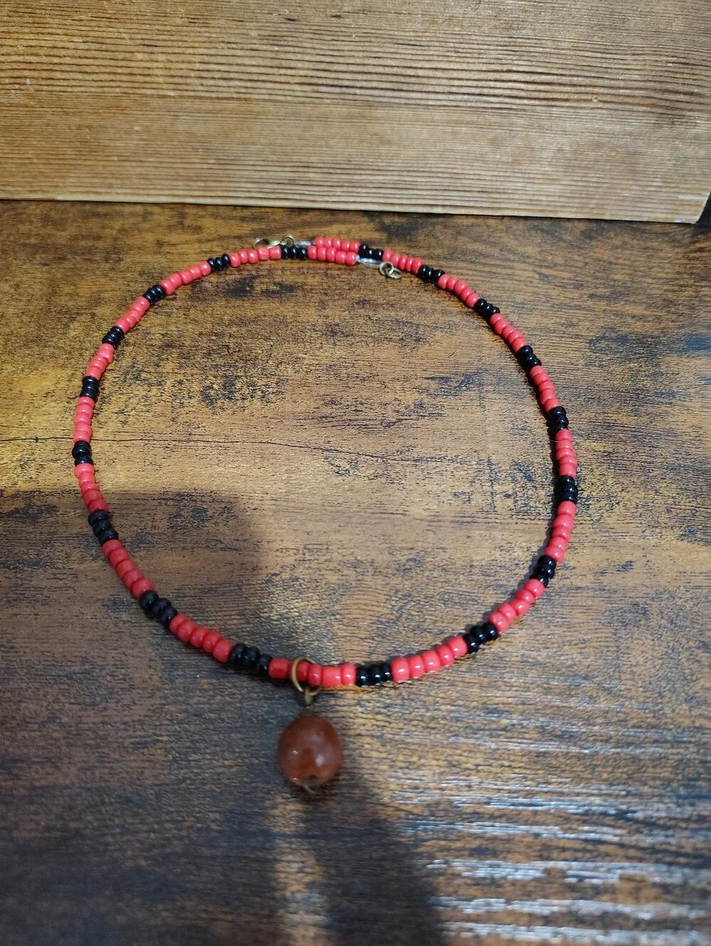 Red and Black Beaded Necklace with Goldstone Accent - Men's Necklace